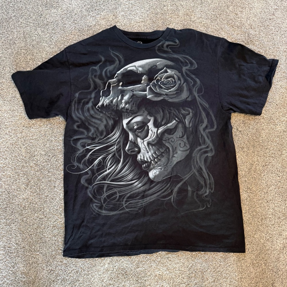 Liquid Blue Mens Black Day of the Dead Skull Rose Graphic T-Shirt Large